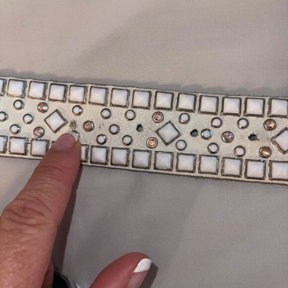Rn Design Womens Belt Size Large White Leather Studded Swarosky Crystals main image 10